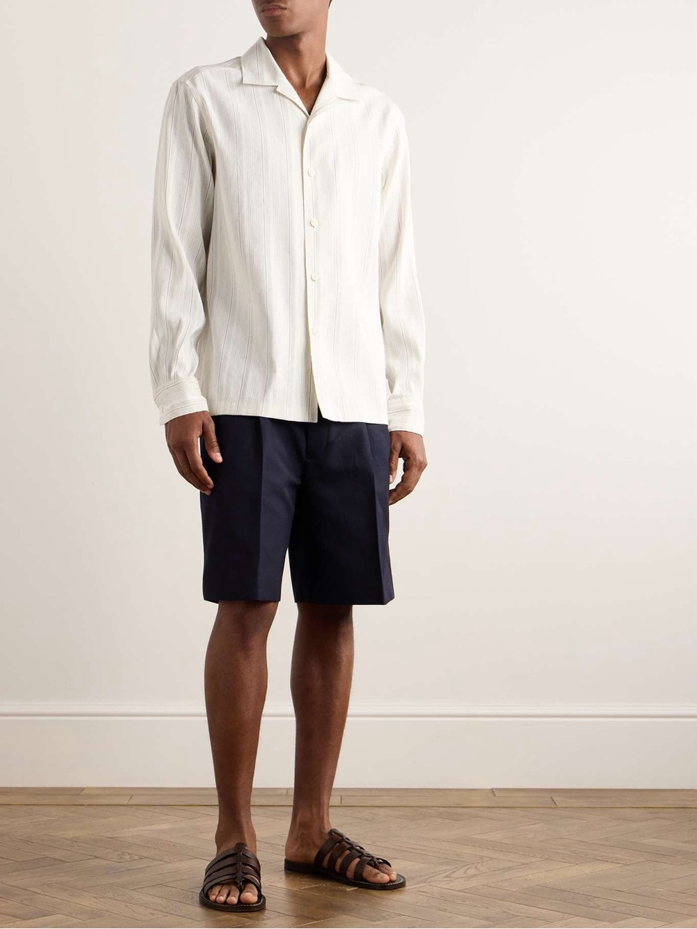 ZEGNA Camp-Collar Striped Linen Silk Blend Shirt - Ecru Mens M